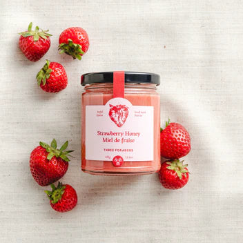Three Foragers strawberry infused creamed honey made with Canadian raw honey and real strawberries