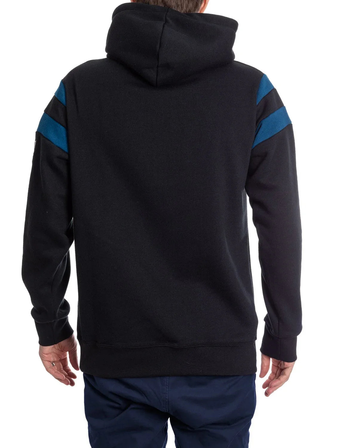 Back view of a black varsity hoodie with blue sleeve stripes, worn by a man