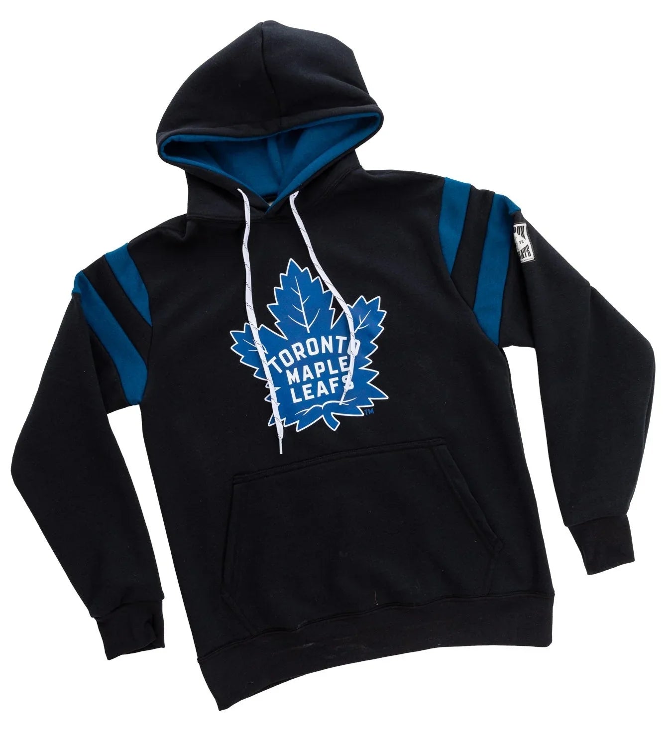Toronto Maple Leafs varsity hoodie black with blue logo and stripes, flat lay.