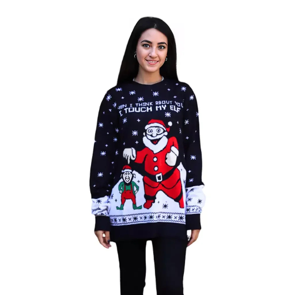 Woman wearing funny Christmas sweater with Santa, elf graphic, and snowflake pattern