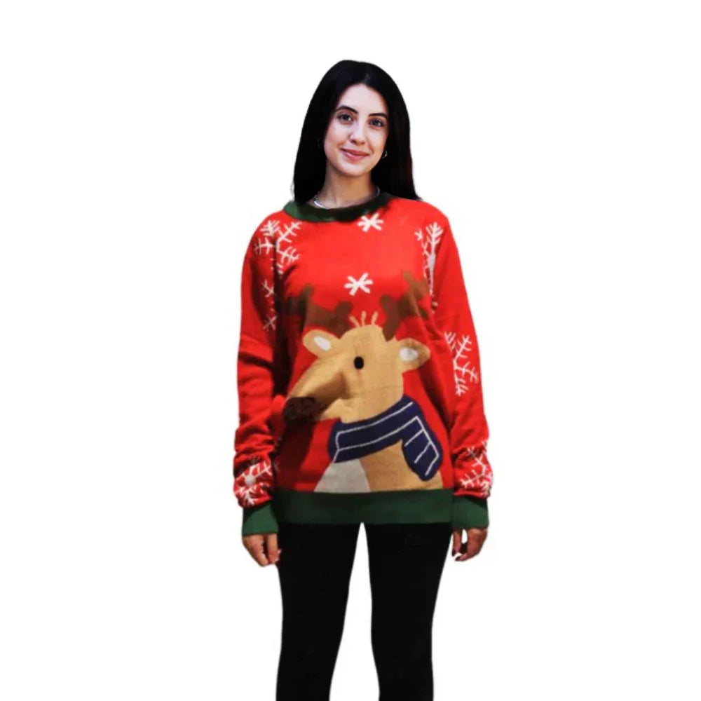 Woman in red Christmas sweater with reindeer and snowflake design on white background