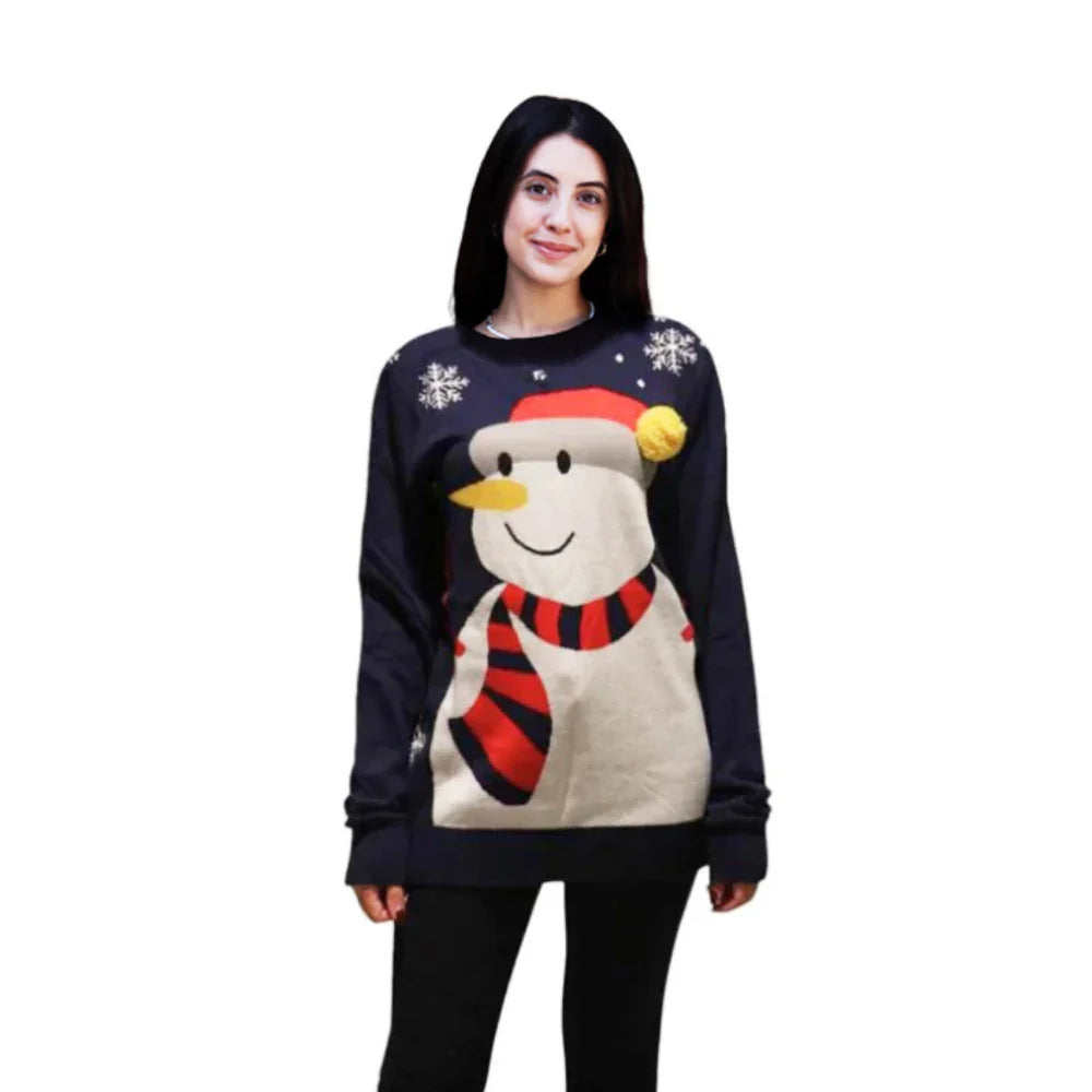 Woman wearing a navy Christmas sweater with a large snowman and snowflake design