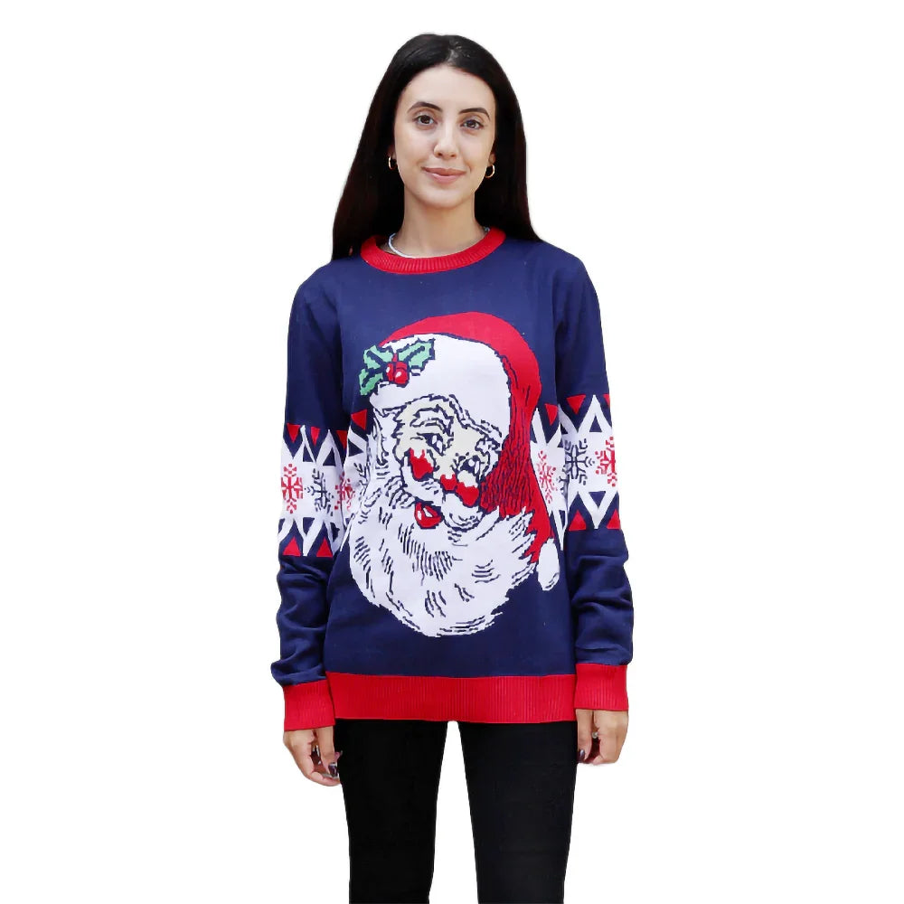 Woman wearing navy blue vintage ugly Christmas sweater with laughing Santa design