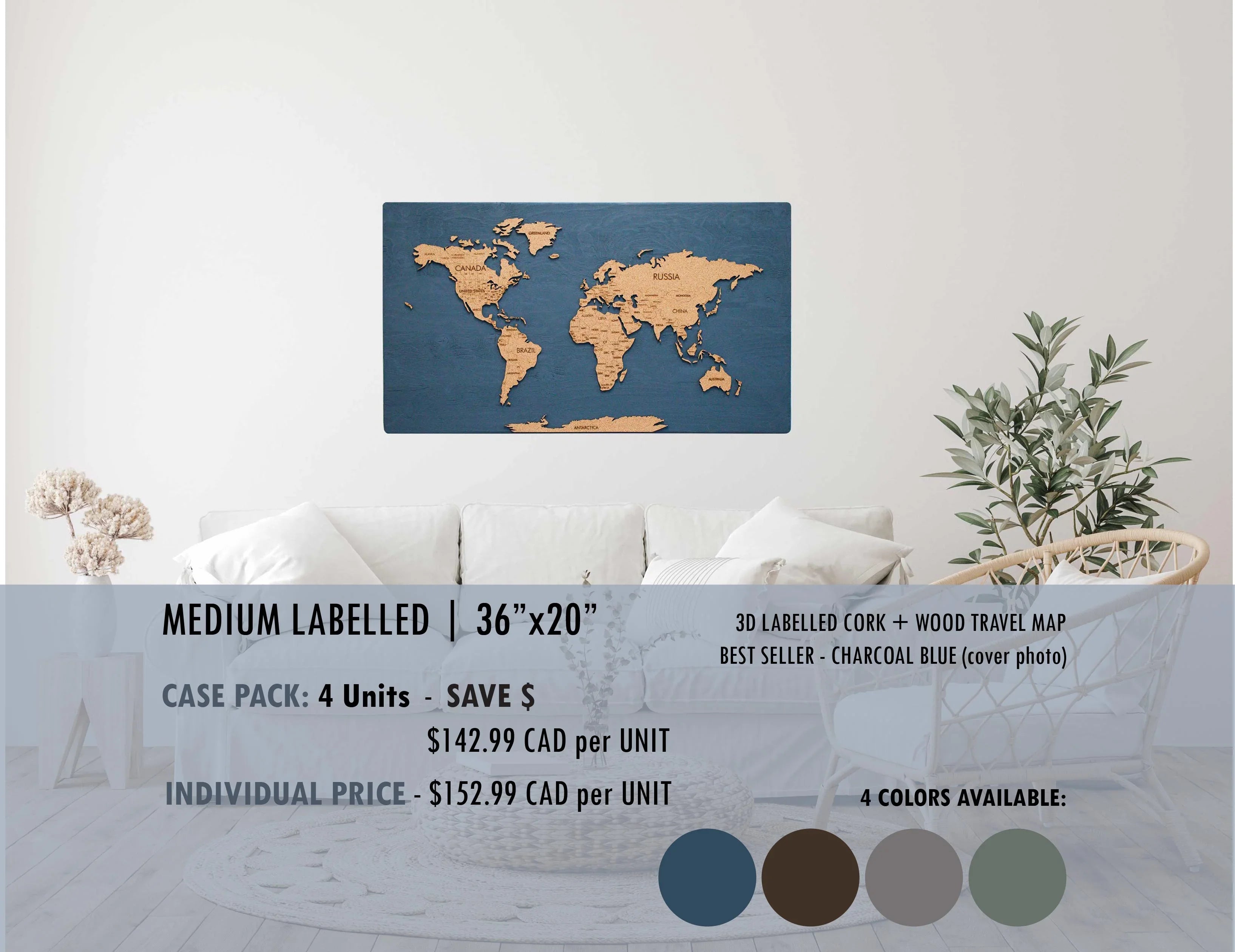 Wanderlust Maps Cork & Wood 3D World Pin Map | 36 x 20 | Labelled