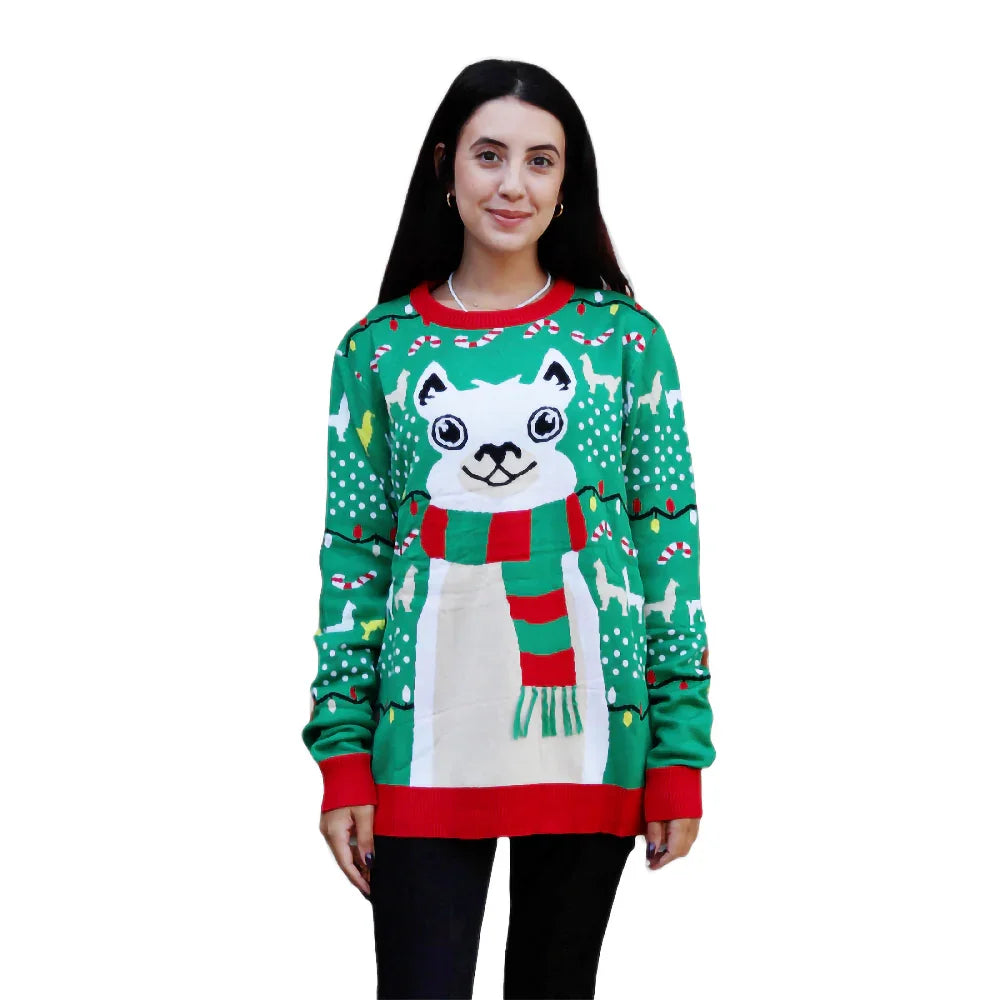 Woman wearing green ugly Christmas sweater with large white cat, red scarf, candy canes