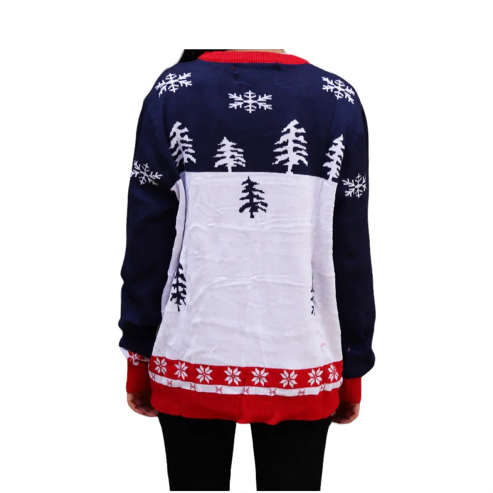 Back view of an ugly Christmas sweater with snowflakes and pine trees, red and navy design