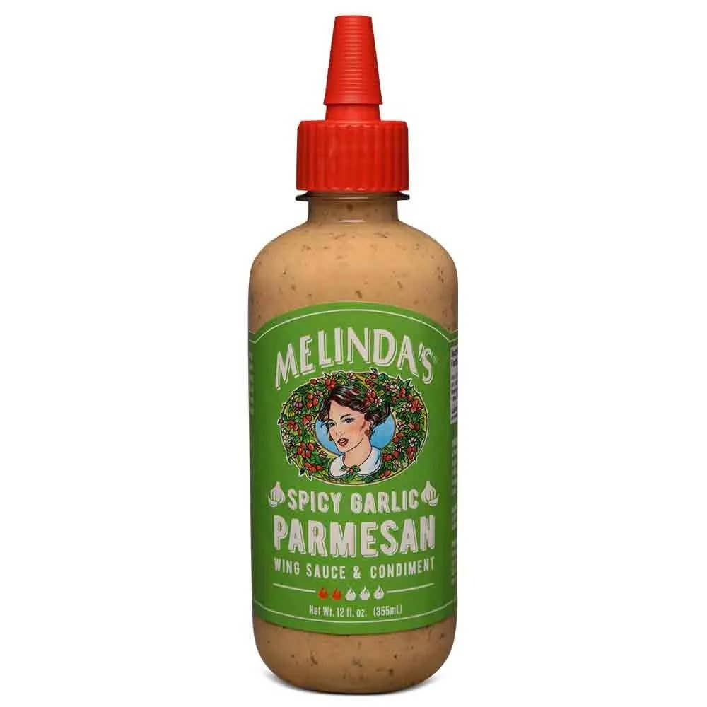Melinda's Spicy Garlic Parmesan Wing Sauce with creamy Parmesan cheese, roasted garlic and habanero peppers
