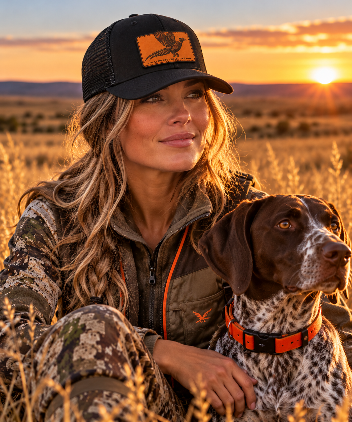 Woman wearing black Flying Pheasant leather patch trucker hat with upland hunting clothing and sporting dog in prairie field