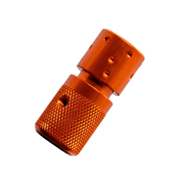 Orange knurled aluminum valve cap with holes, isolated on white background