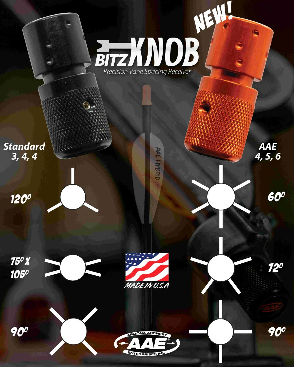 Bitz Knob precision vane spacing receivers for archery by AAE, black and orange models shown.