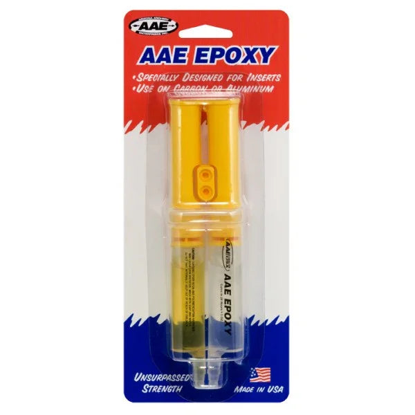 AAE epoxy adhesive twin syringe in retail packaging, for carbon or aluminum inserts