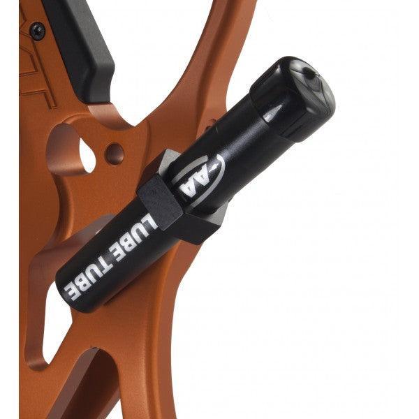 AAE Lube Tube Hole-In-One attached to orange archery bow riser