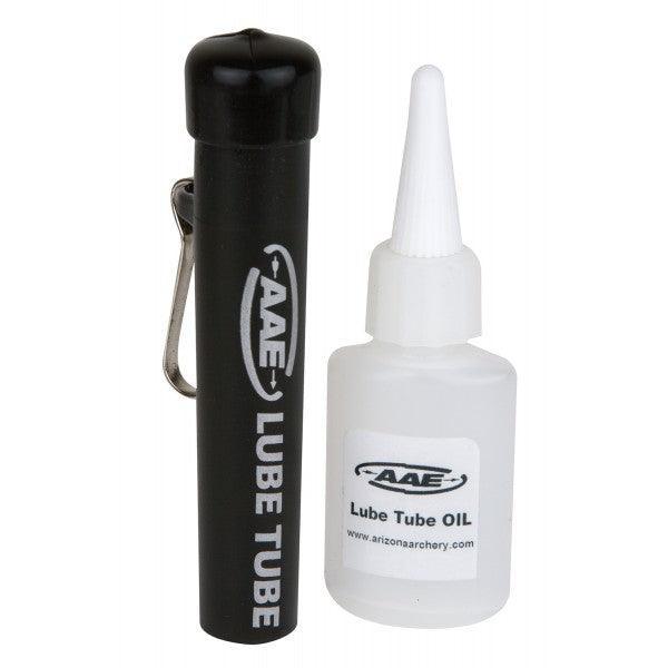 AAE Archery Lube Tube and Lube Tube Oil bottle with white nozzle on white background