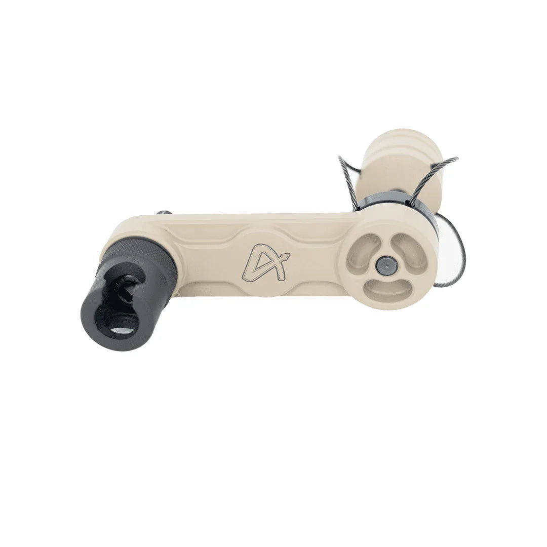 Tan SOS Hunter Elite bow release with black accents on white background