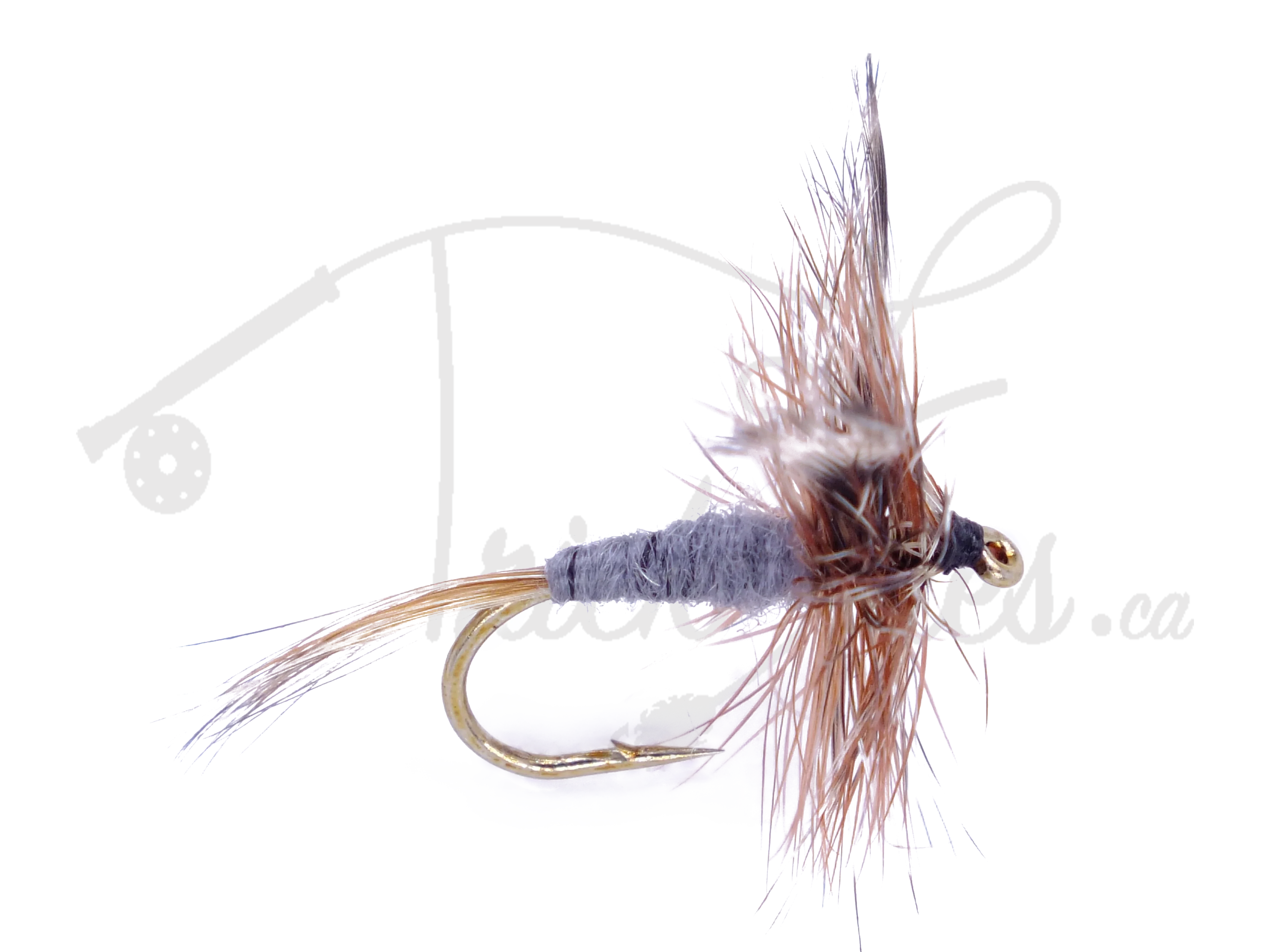 Adams dry fly fishing lure with brown hackle and gray body on a gold hook
