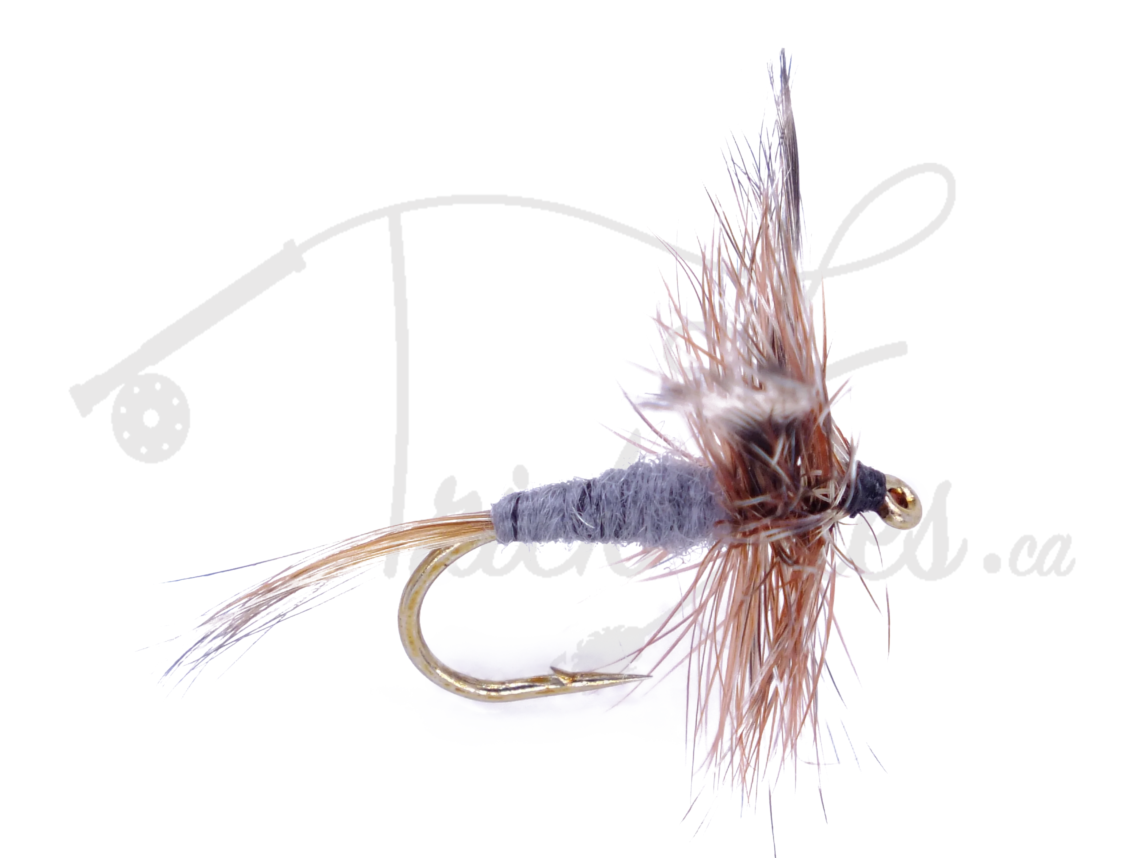 Adams dry fly fishing lure with brown hackle and gray body on a gold hook