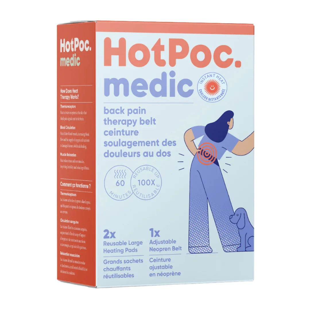 HotPoc medic back pain therapy belt product box with illustrated woman and dog