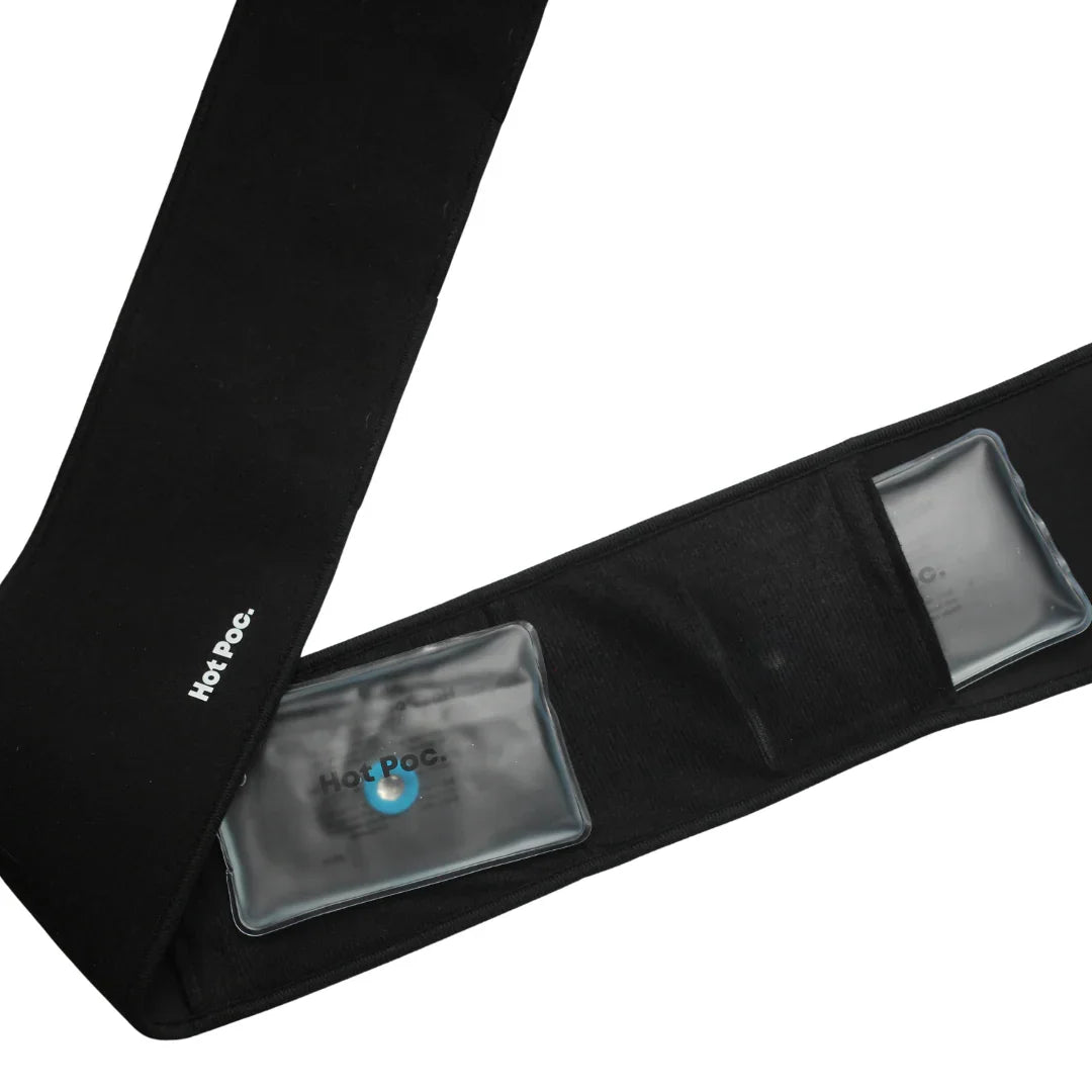 Black Hot Poc belt with two gel heat packs in pockets, thermal therapy accessory