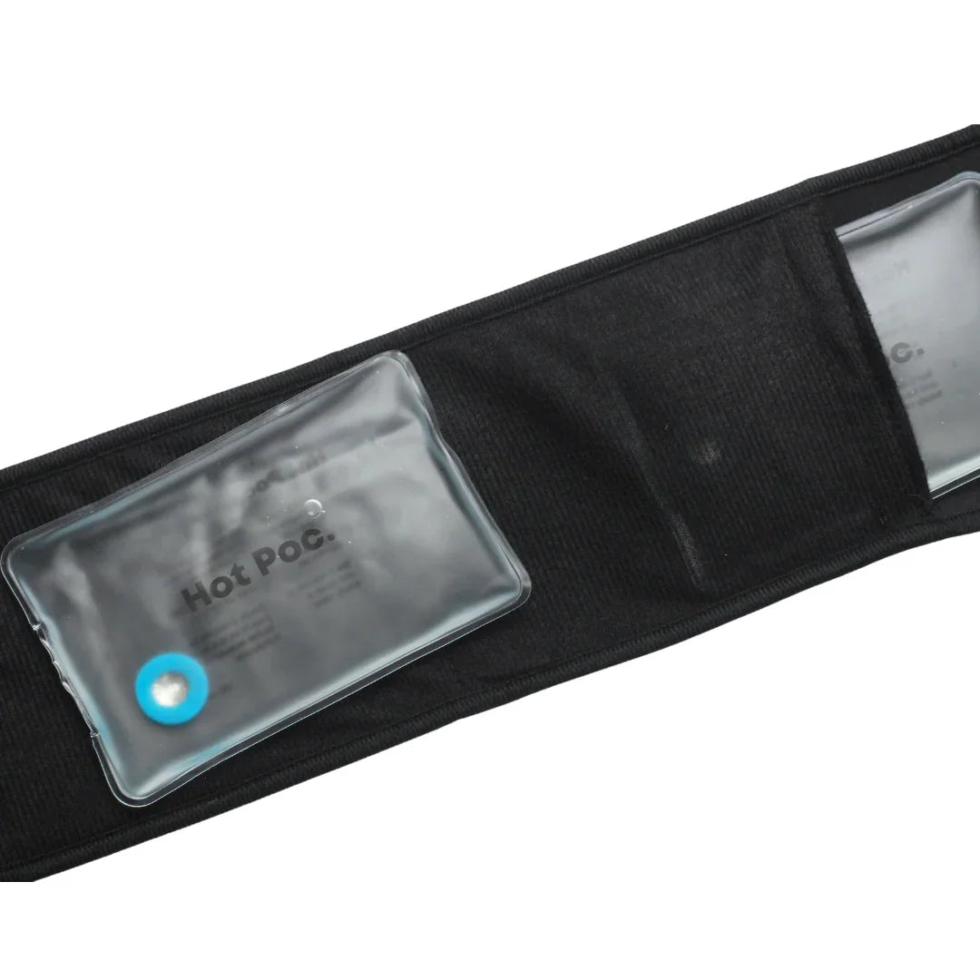 Hot Poc reusable gel pack inserted in black medical back wrap