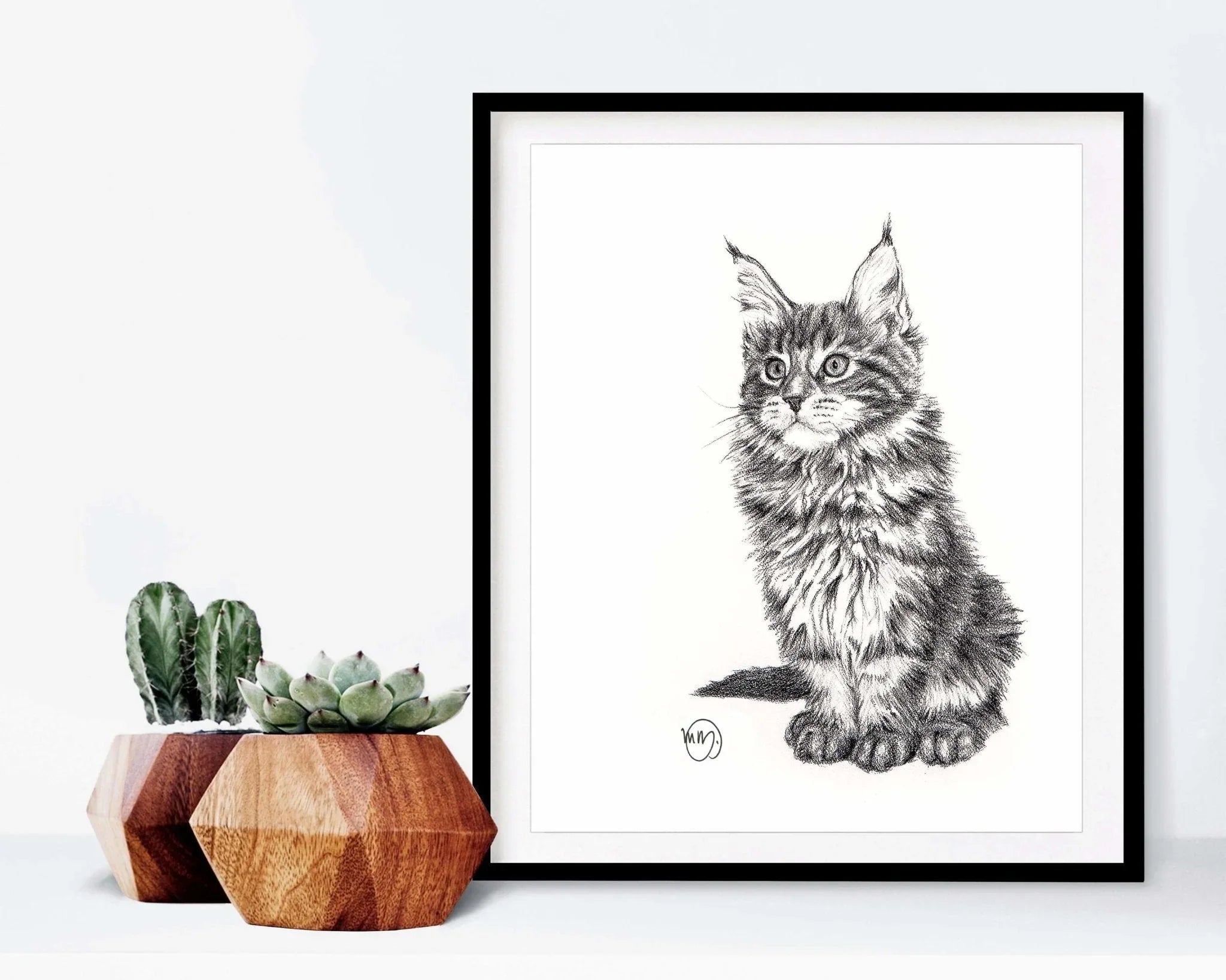 Framed black and white cat drawing with geometric wood planters and succulents