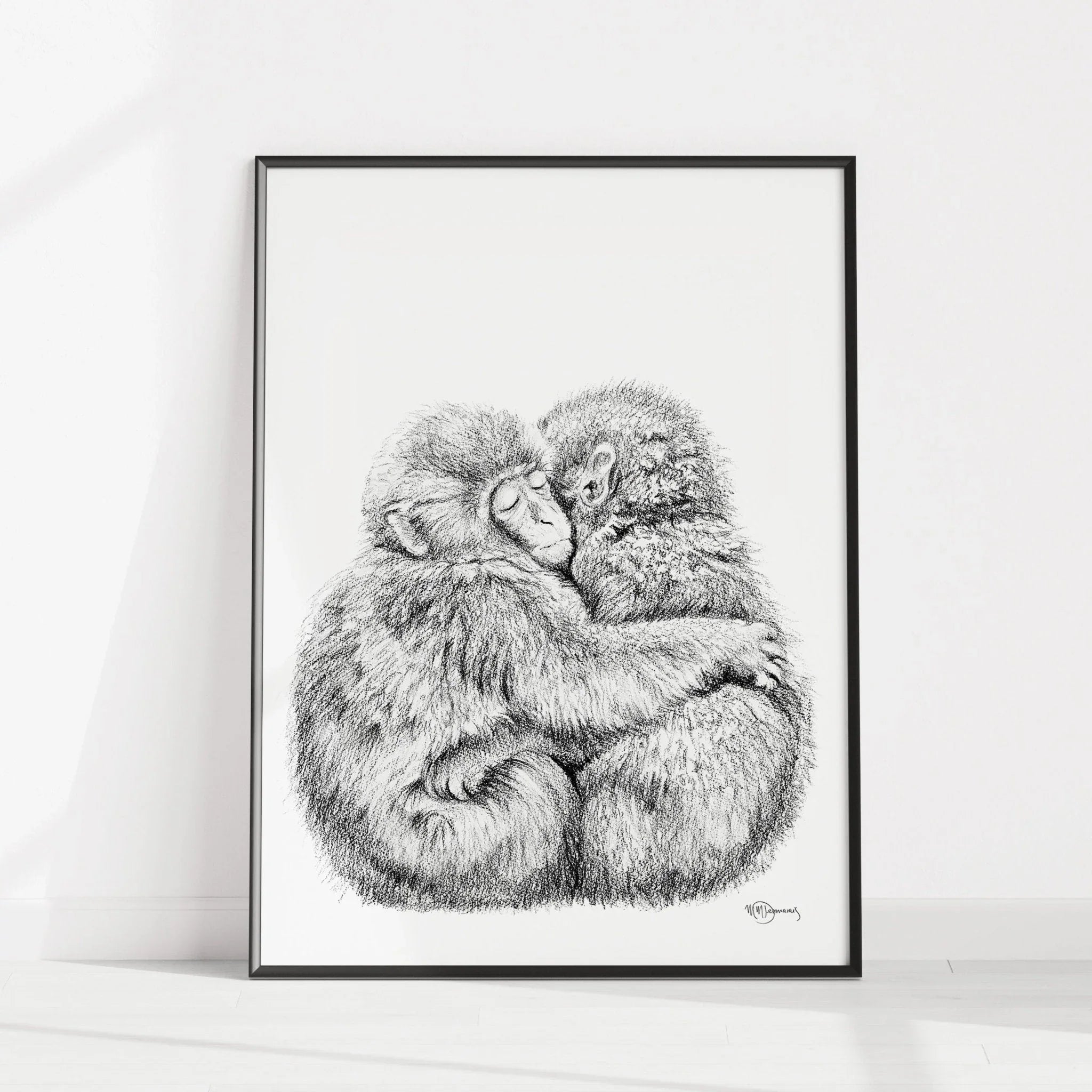Framed black and white sketch of two hugging monkeys on a white wall