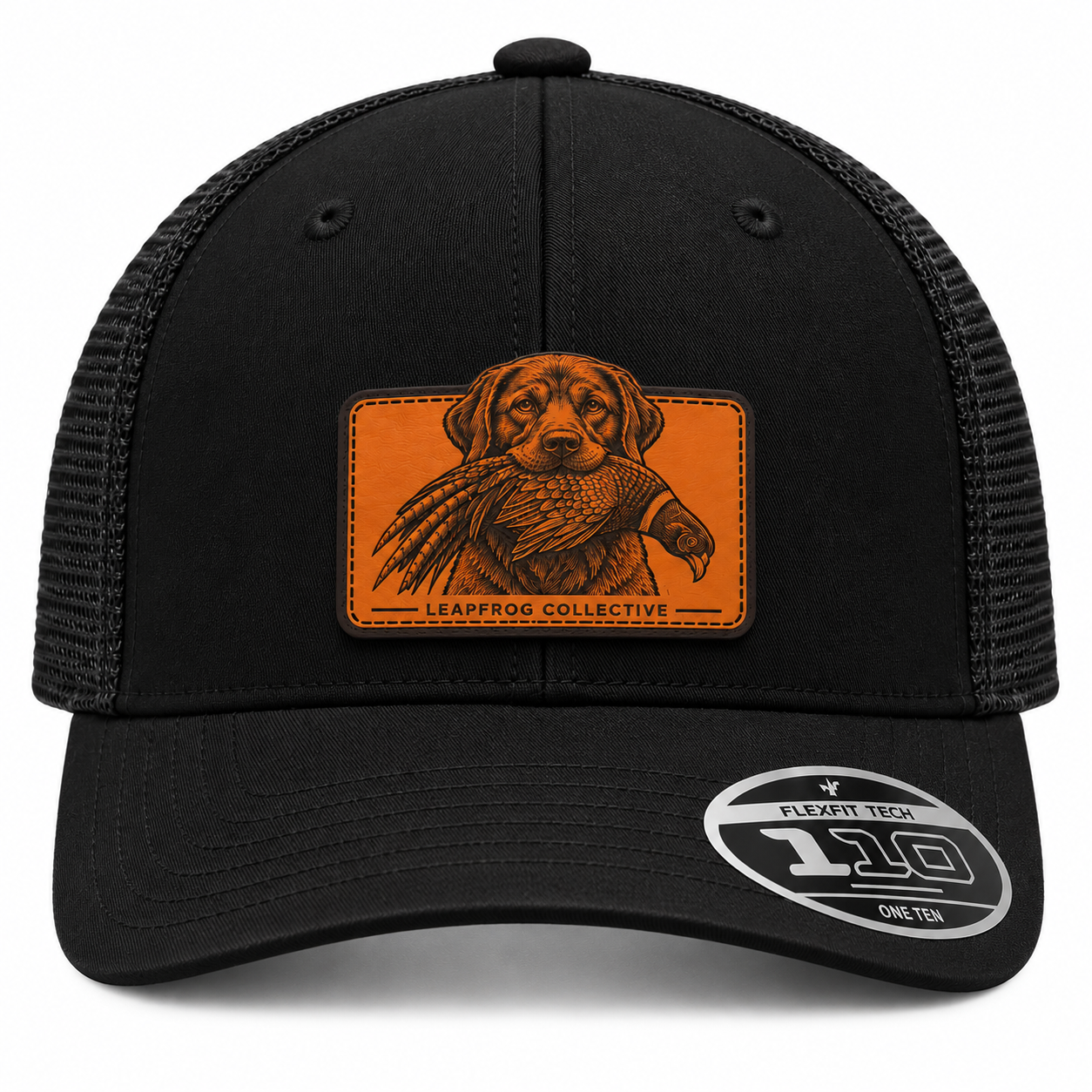 Leapfrog Collective Retriever and Pheasant leatherette patch trucker hat in Black with adjustable Flexfit 110 mesh back