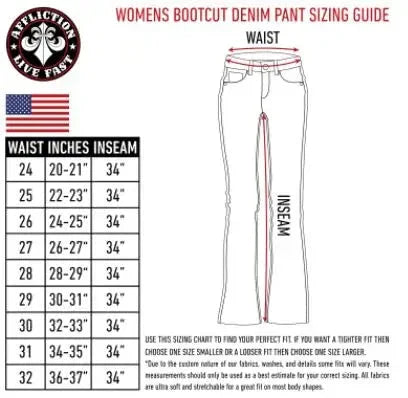 Affliction women's bootcut denim jeans sizing guide chart with waist and inseam measurements.