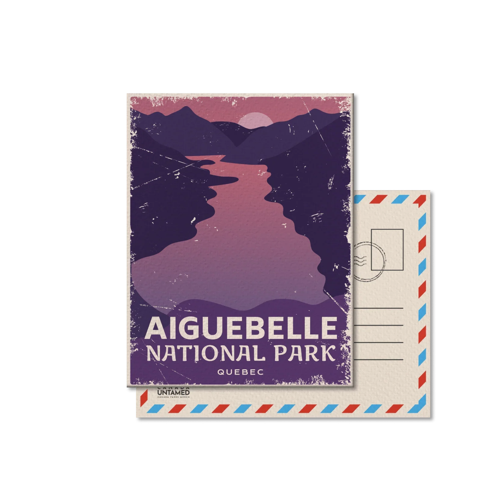 Aiguebelle National Park Quebec postcard with stylized sunset, mountains, and river illustration.