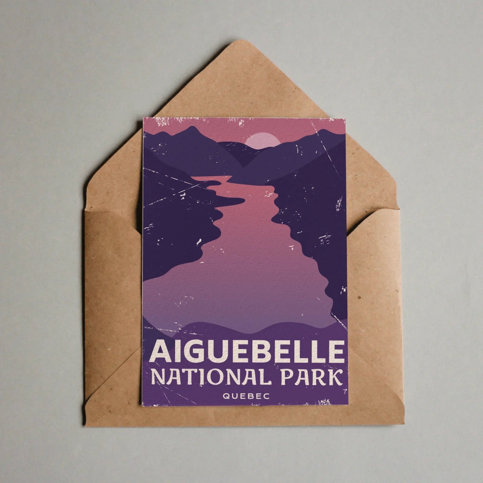Aiguebelle National Park Quebec postcard with purple mountains, sunset, and lake illustration.