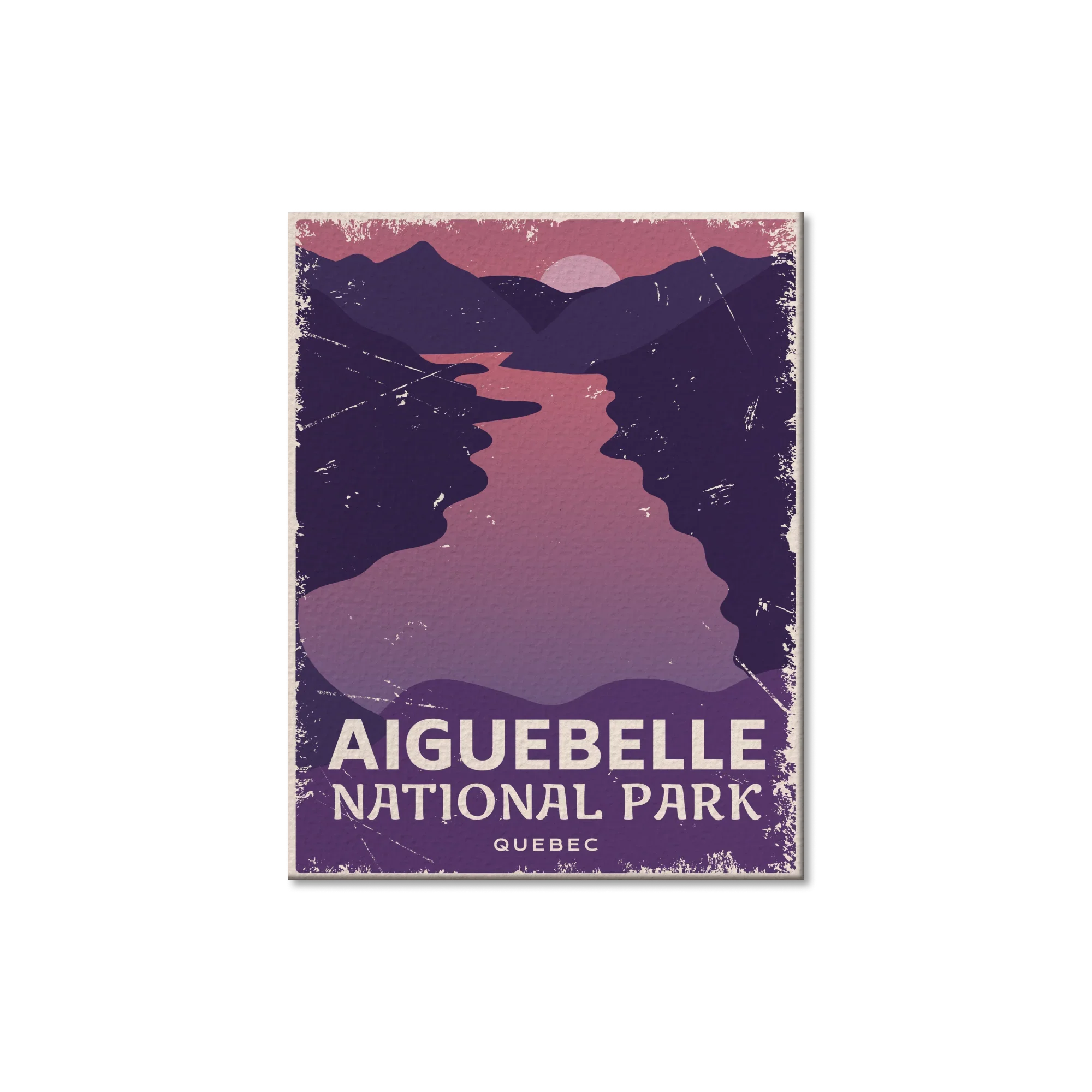 Vintage poster of Aiguebelle National Park Quebec with purple mountains and sunset over lake