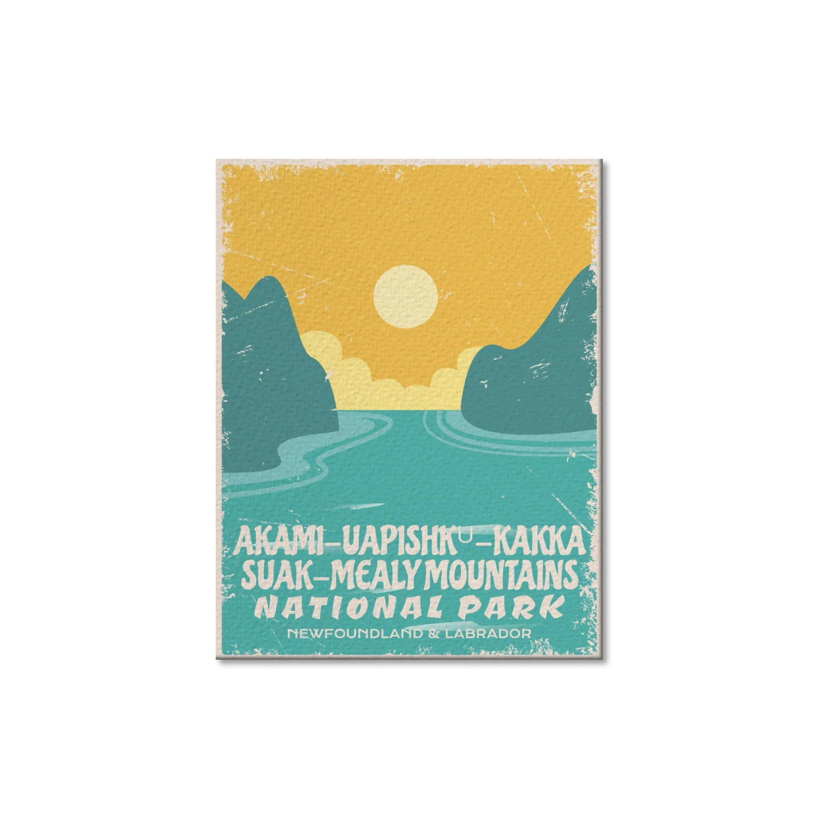 Akami-Uapishku-KakKasuak-Mealy Mountains National Park postcard with sun, mountains, and blue water, Newfoundland and Labrador