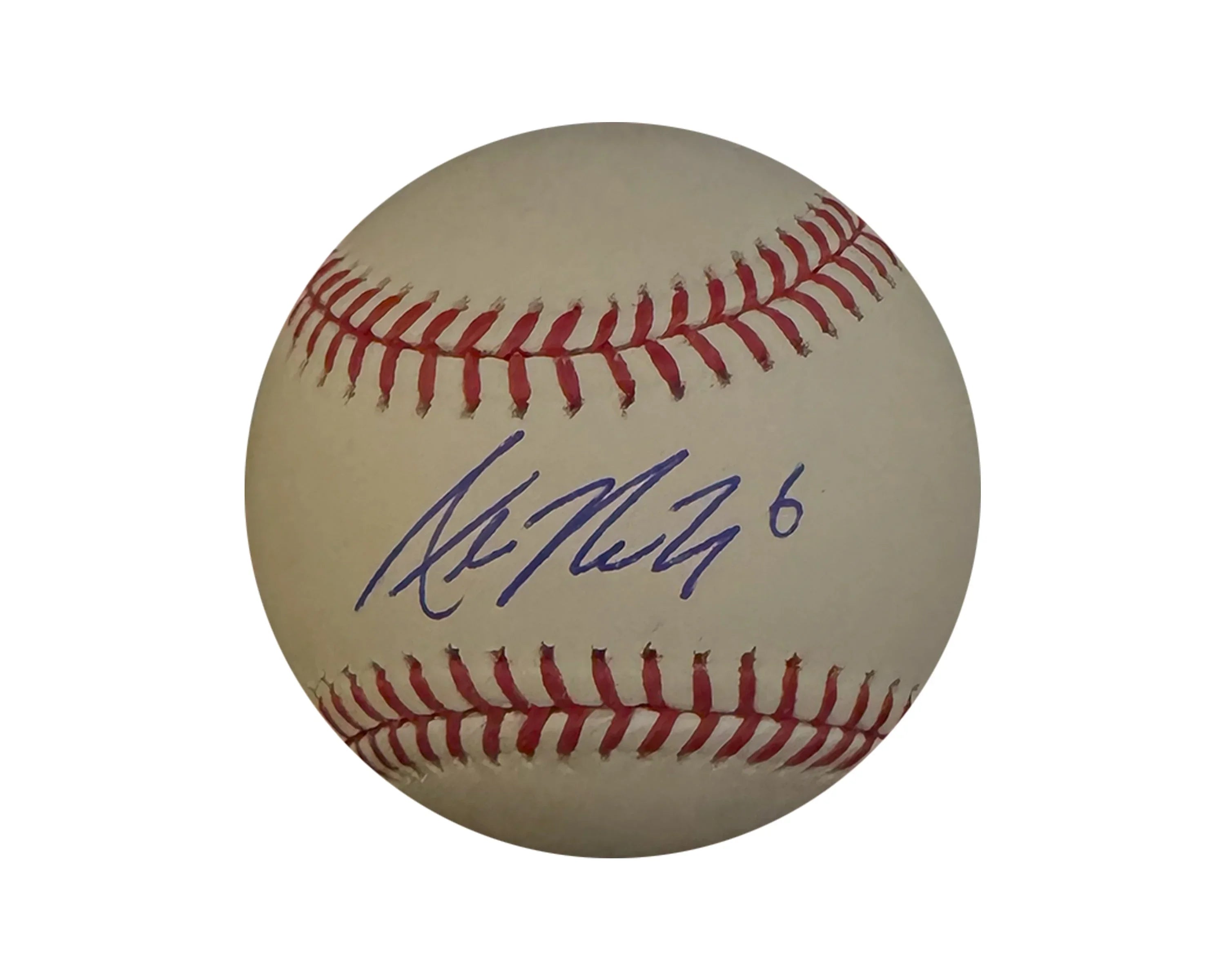 Official baseball with red stitching, blue autograph, and the number 6