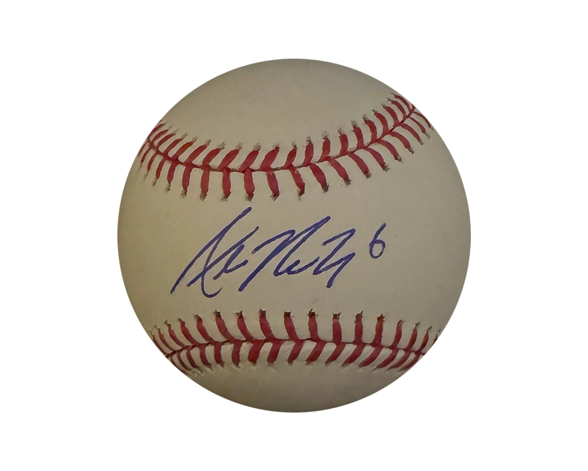 Official baseball with red stitching, blue autograph, and the number 6
