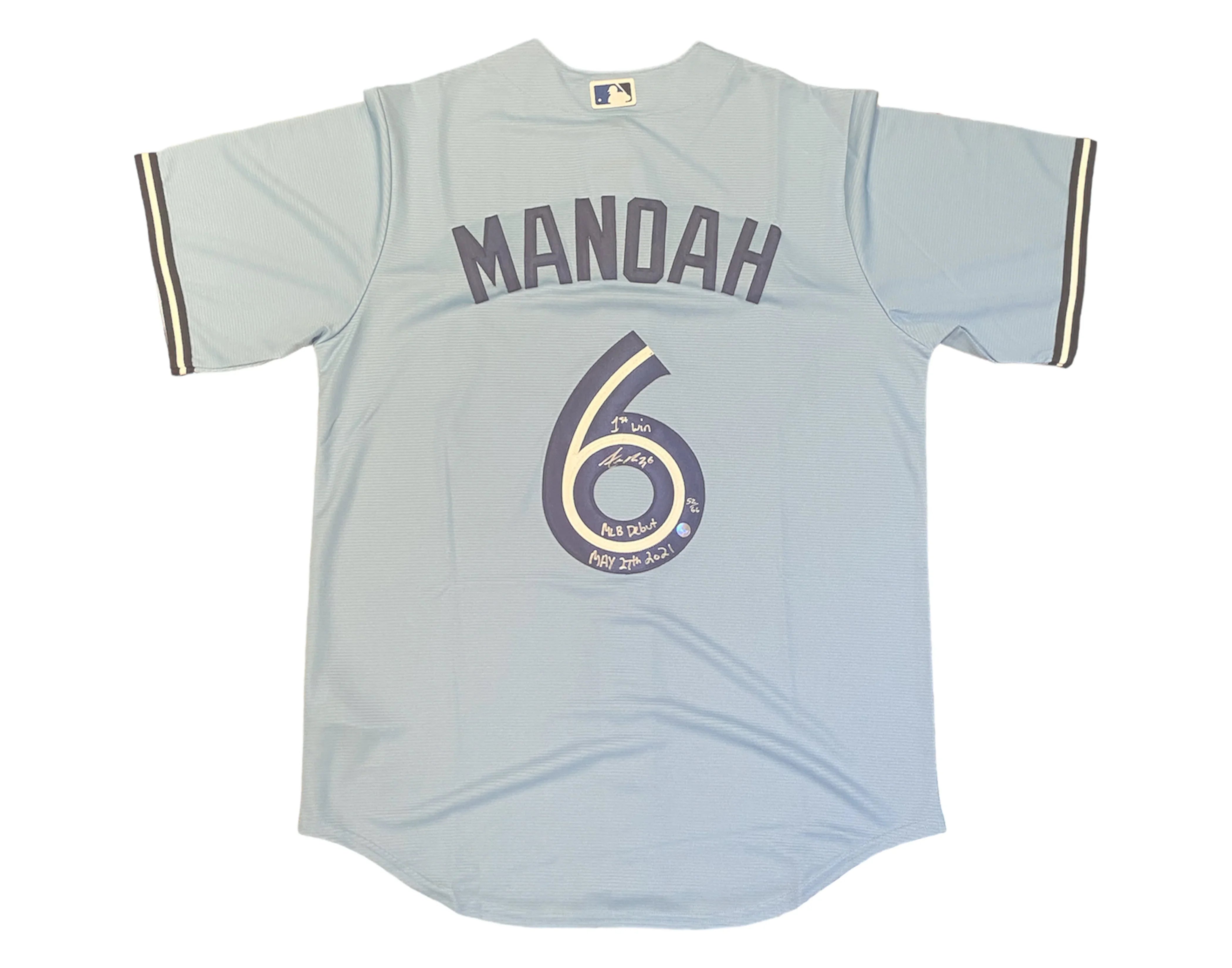 Light blue baseball jersey with 'MANOAH' and number 6, signed, commemorating MLB debut.