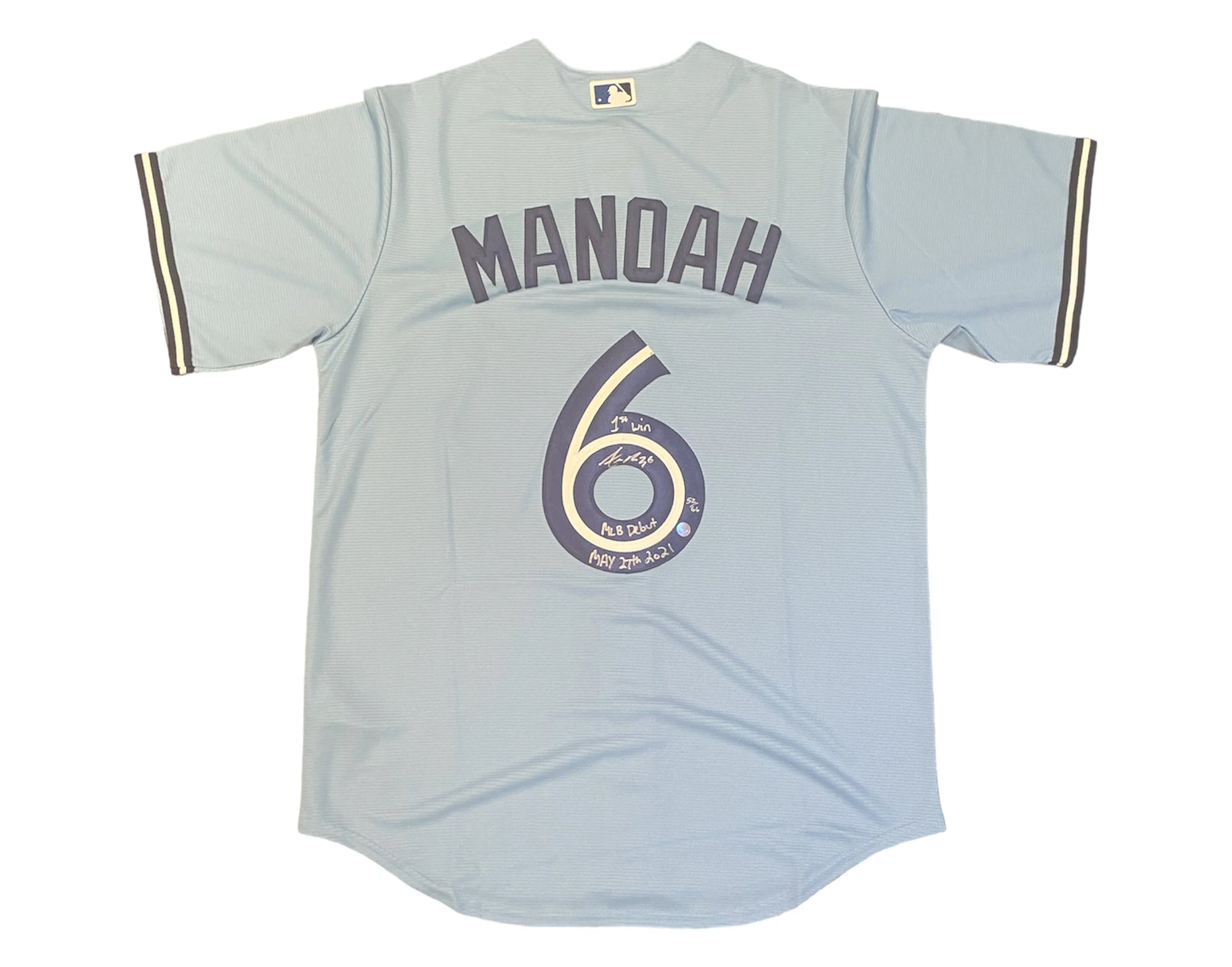 Light blue baseball jersey with 'MANOAH' and number 6, signed, commemorating MLB debut.