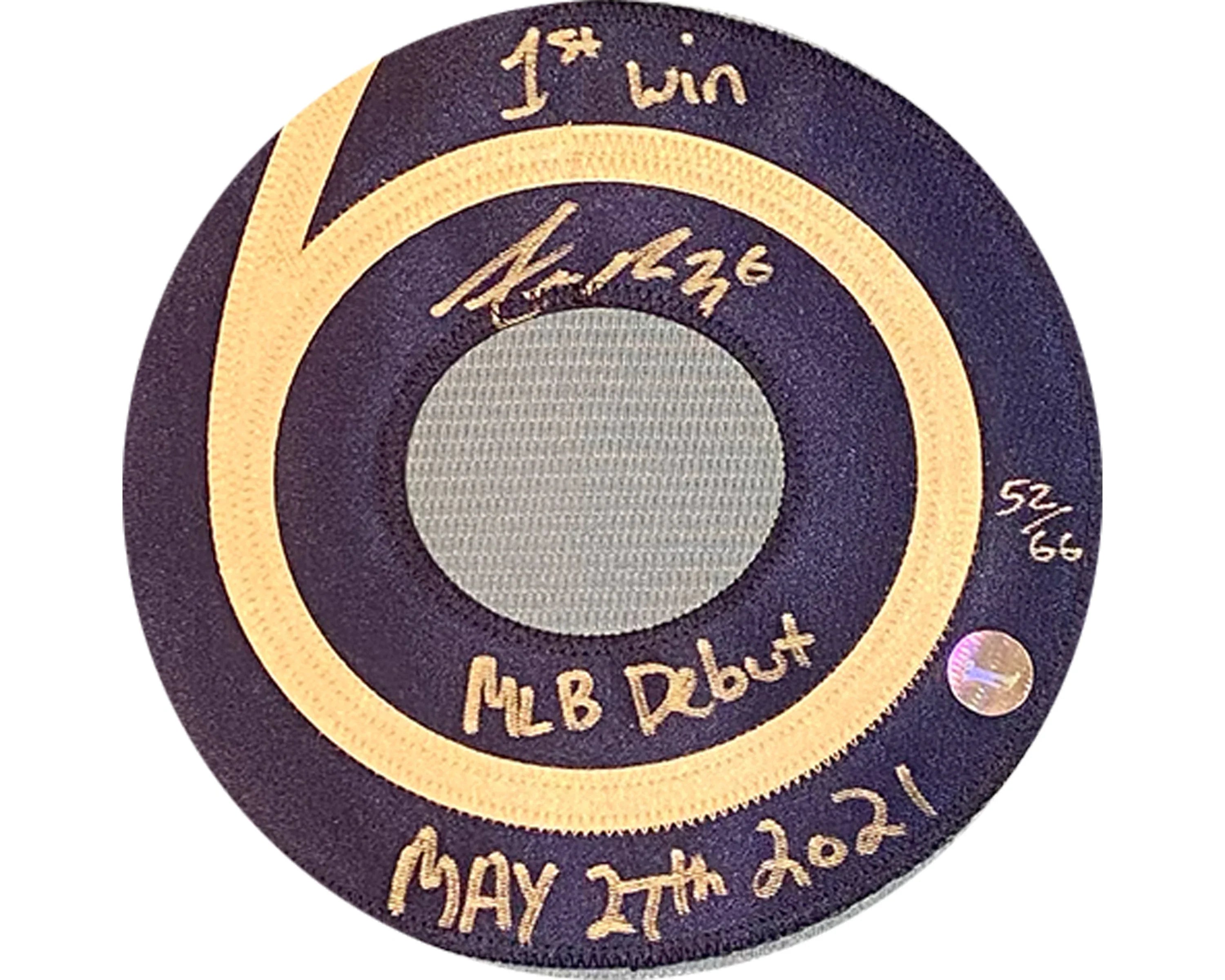 Baseball cap patch with handwritten MLB debut details, date May 27th, 2021, and signature.