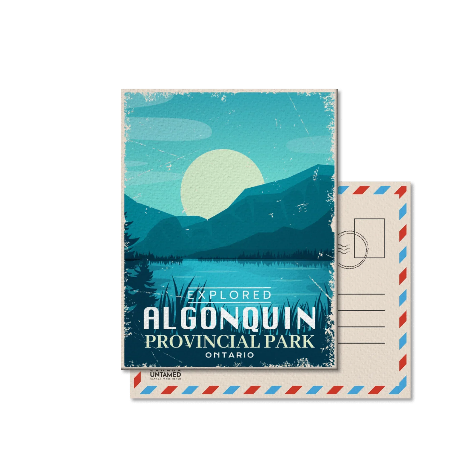 Algonquin Provincial Park Ontario postcard with blue lake, mountains, and sun illustration