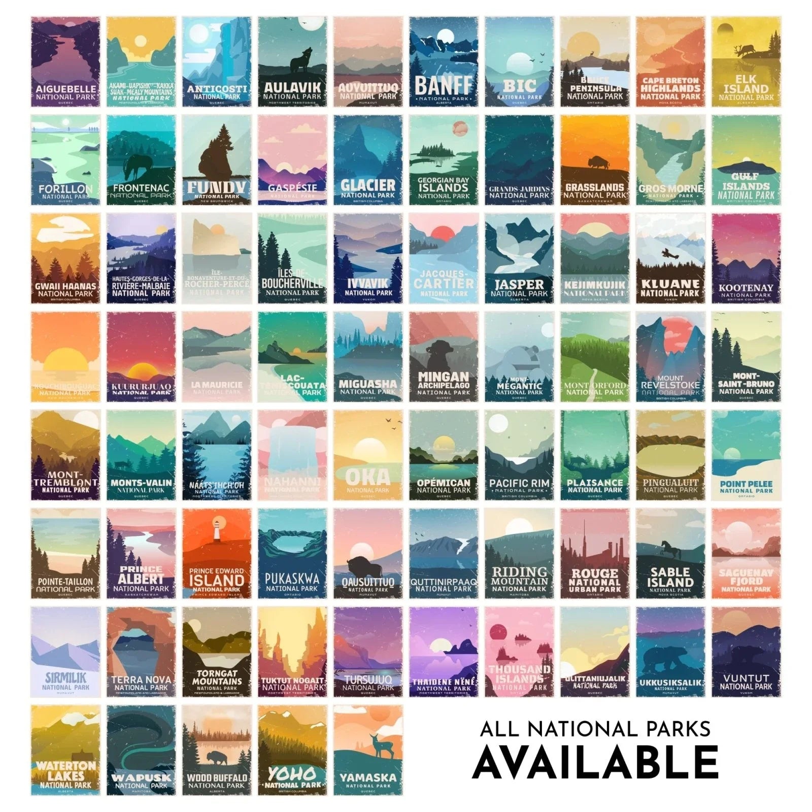 Grid of illustrated Canadian national park postcards with vibrant landscapes and park names.