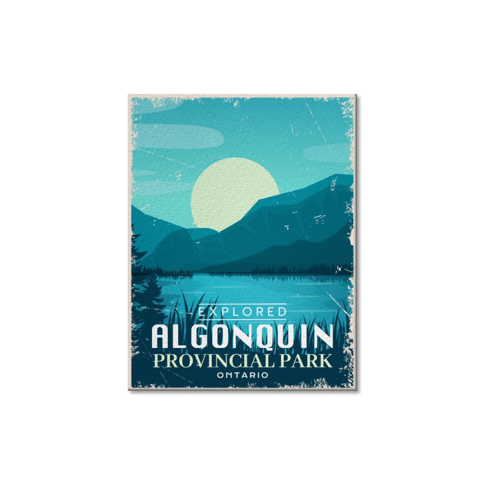 Algonquin Provincial Park Ontario postcard with blue mountains, lake, and sunrise illustration
