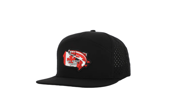 Black snapback hat with Canada trout patch and 'All About Trout' text on front