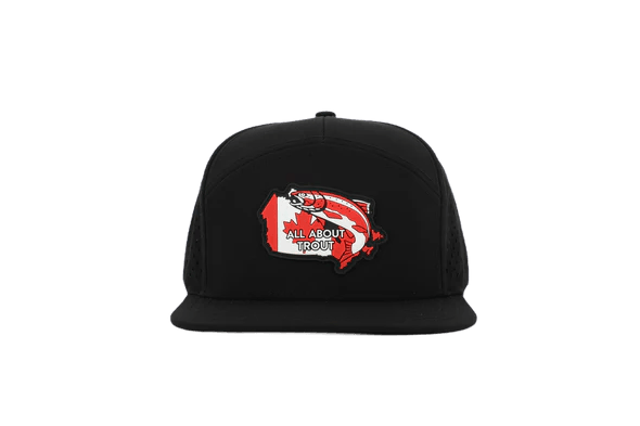 Black hat with red Canada patch, trout fish, and 'All About Trout' text