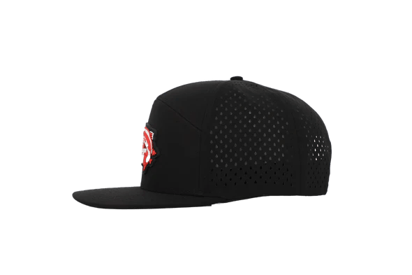 Black perforated snapback hat with red Canada side logo on white background