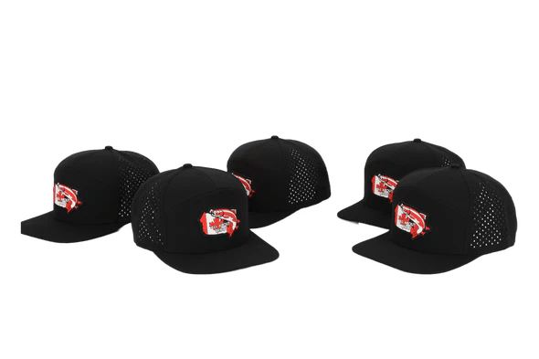 Black trucker hats with Canada flag fish patch and mesh backs, displayed in a group