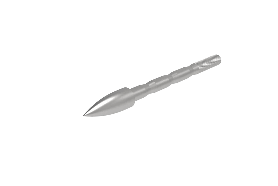 Silver metal arrow point with screw-in threads on clear background