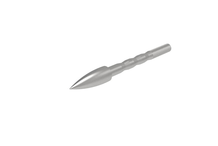 Silver glue-in arrow point with threaded end on transparent background