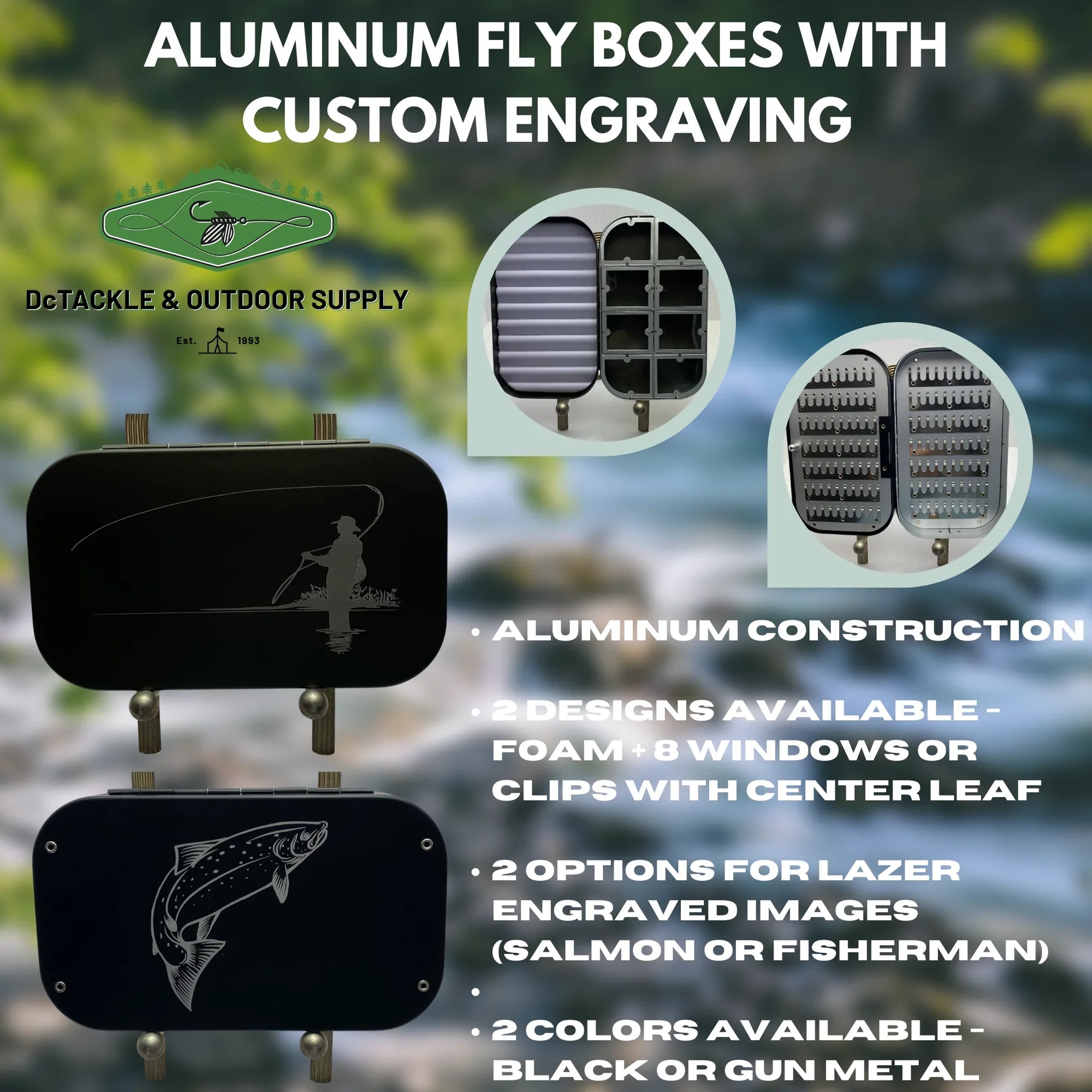 Aluminum fly boxes with custom engraving, featuring fisherman and salmon designs, by DcTackle & Outdoor Supply.