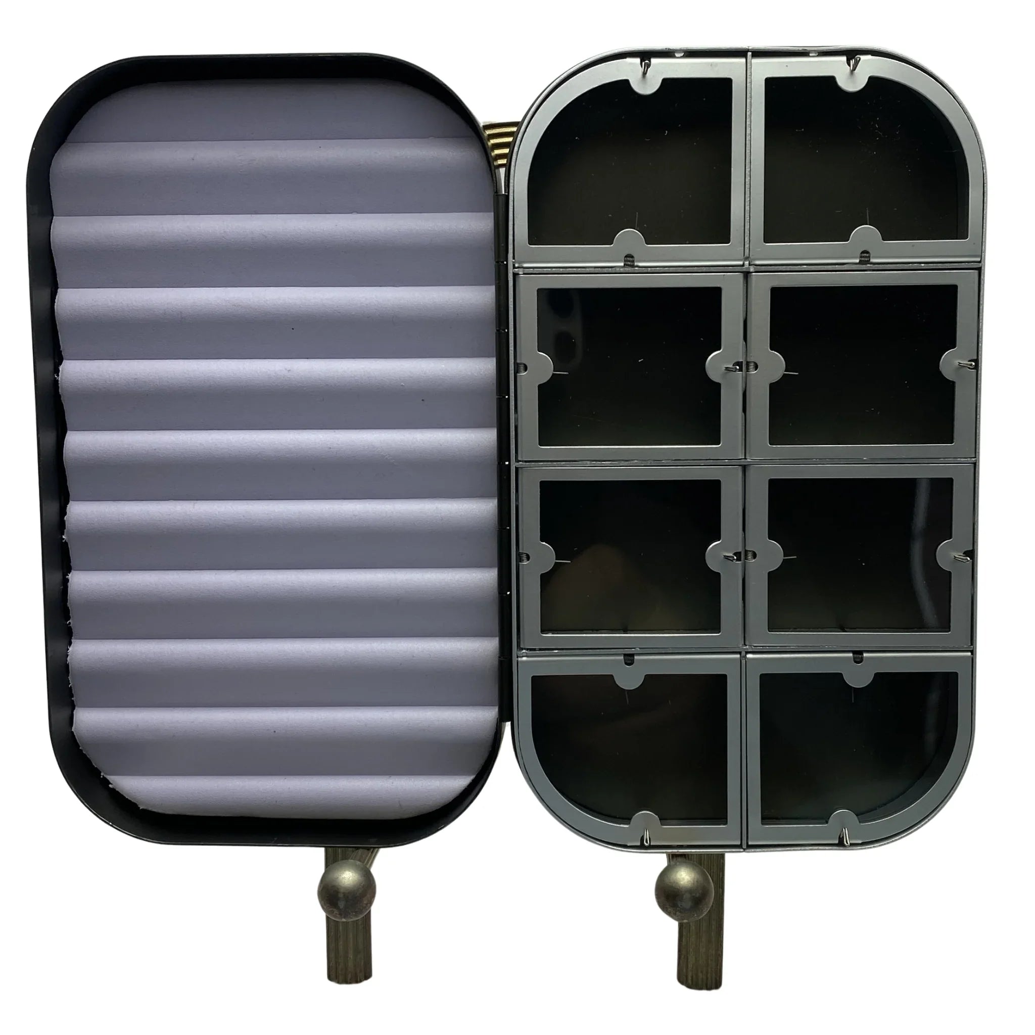 Open fly fishing box with foam insert and eight clear compartments for flies.