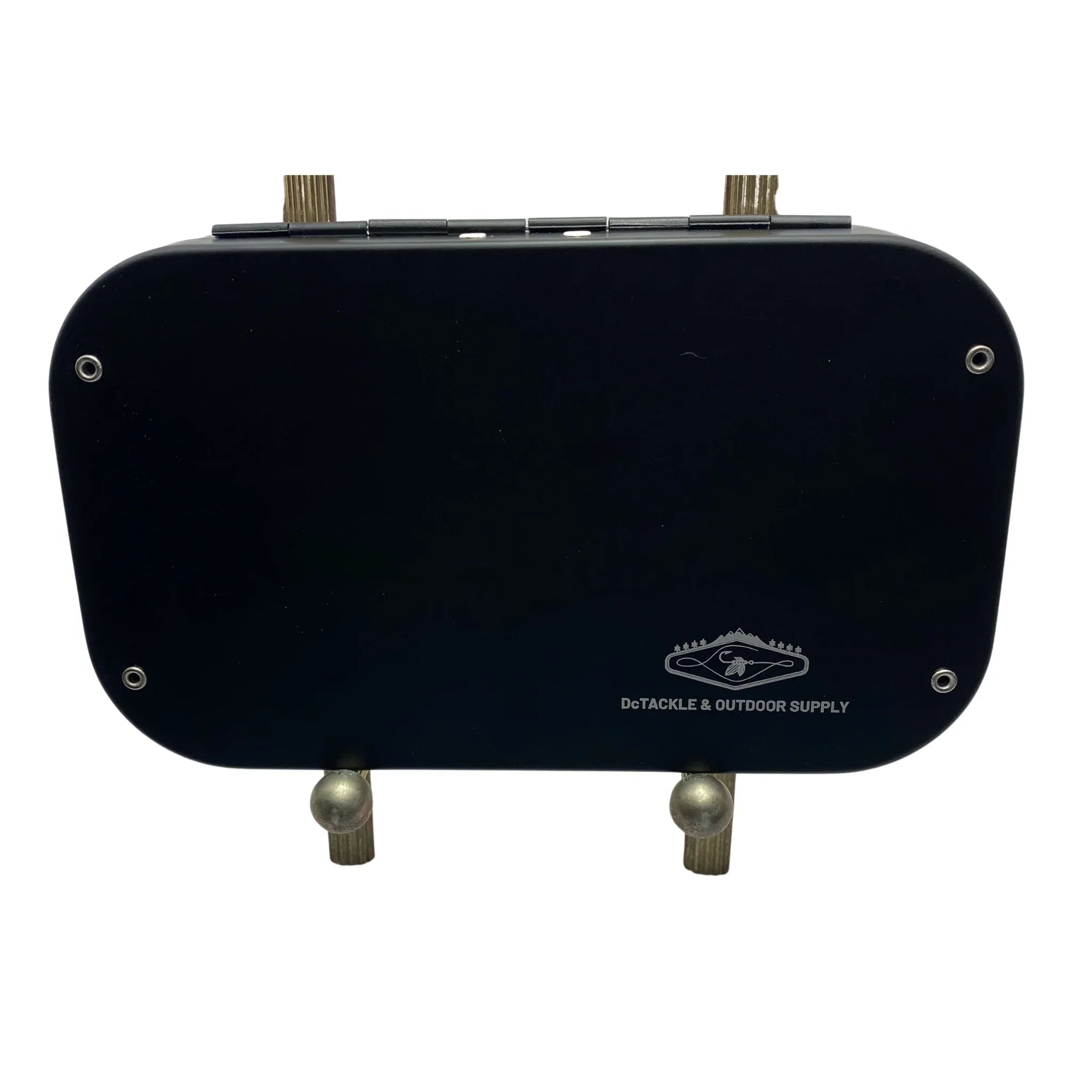 Black Al Flybox fly fishing tackle box with logo, DeTACKLE & OUTDOOR SUPPLY, on white background