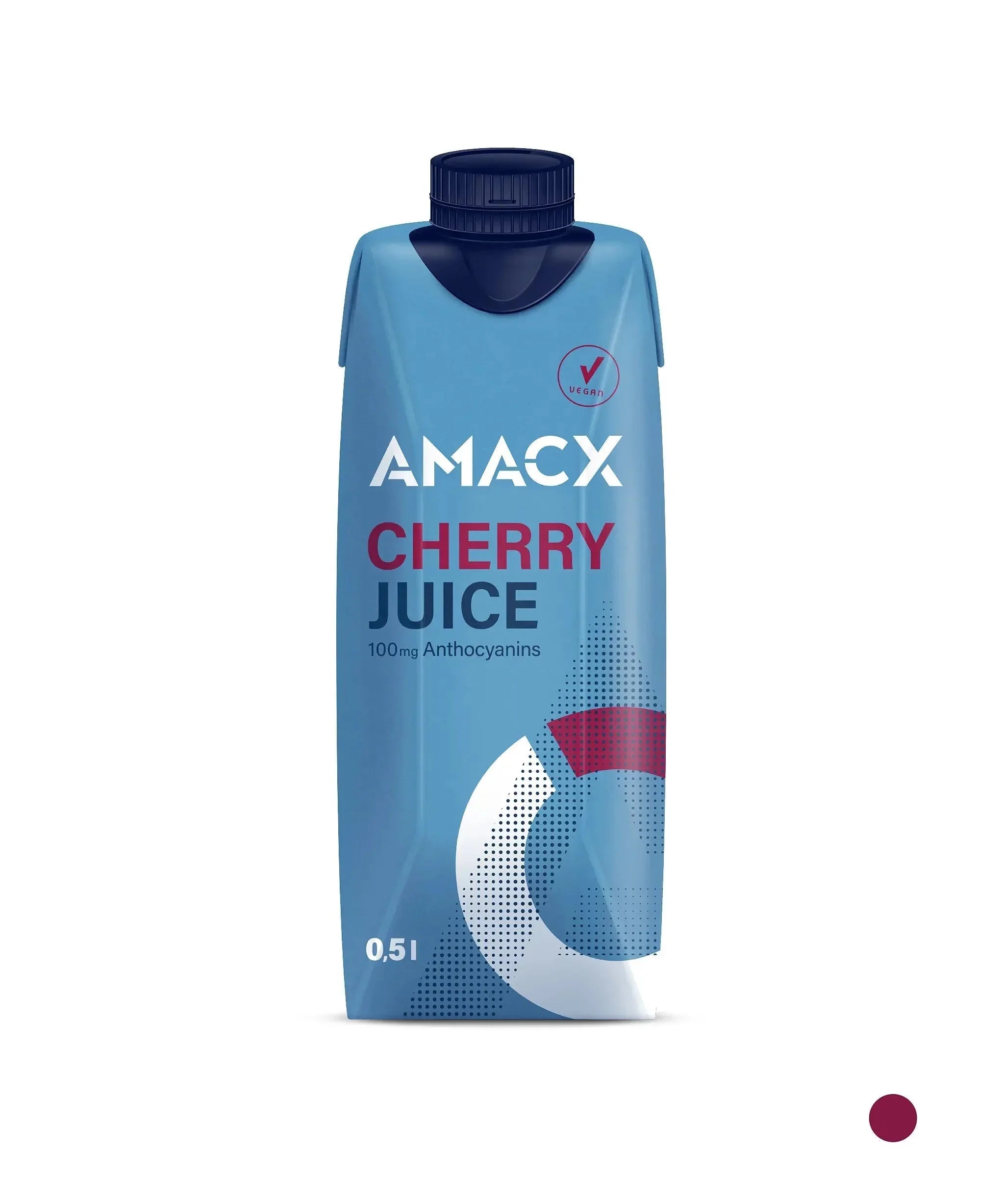 Amacx cherry juice 0.5L carton with blue design and vegan label, white background
