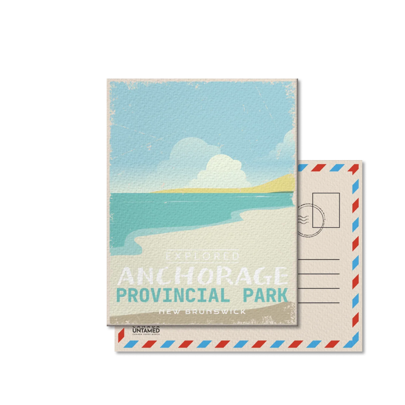 Anchorage Provincial Park New Brunswick postcard with beach, ocean, and clouds illustration